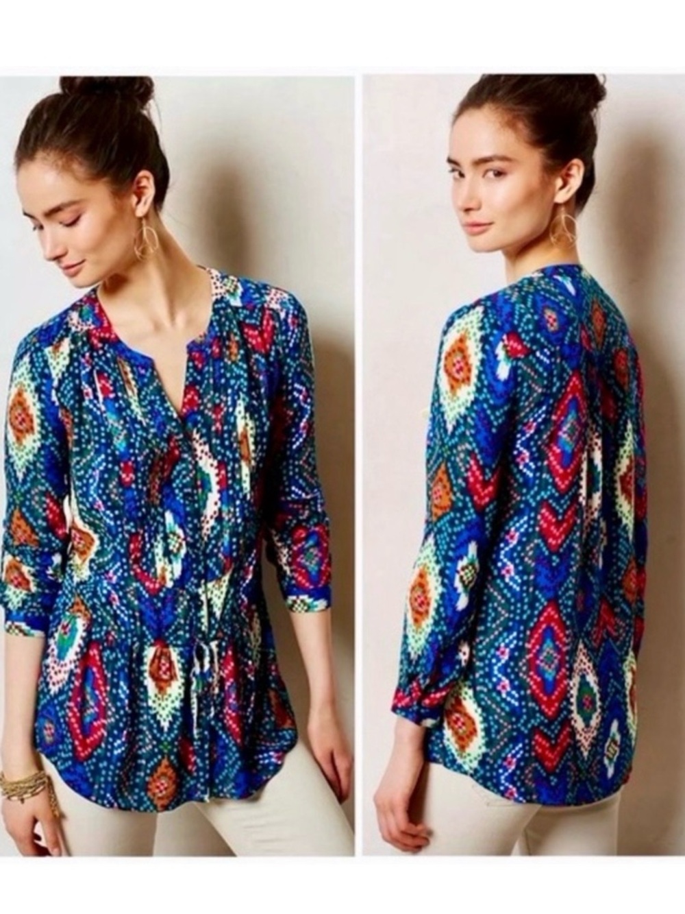 MAEVE Anthropologie Topoxte Drop Waist Geometric Ikat Multicolor Blouse Top